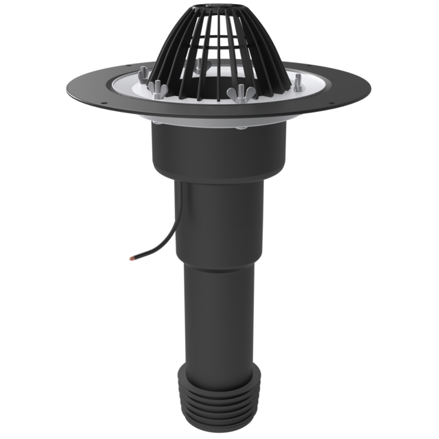 Heated roof maintenance funnel, to be assembled with steel, iron or plastic pipes ∅110 mm, completed with leaf trap and sealing cup